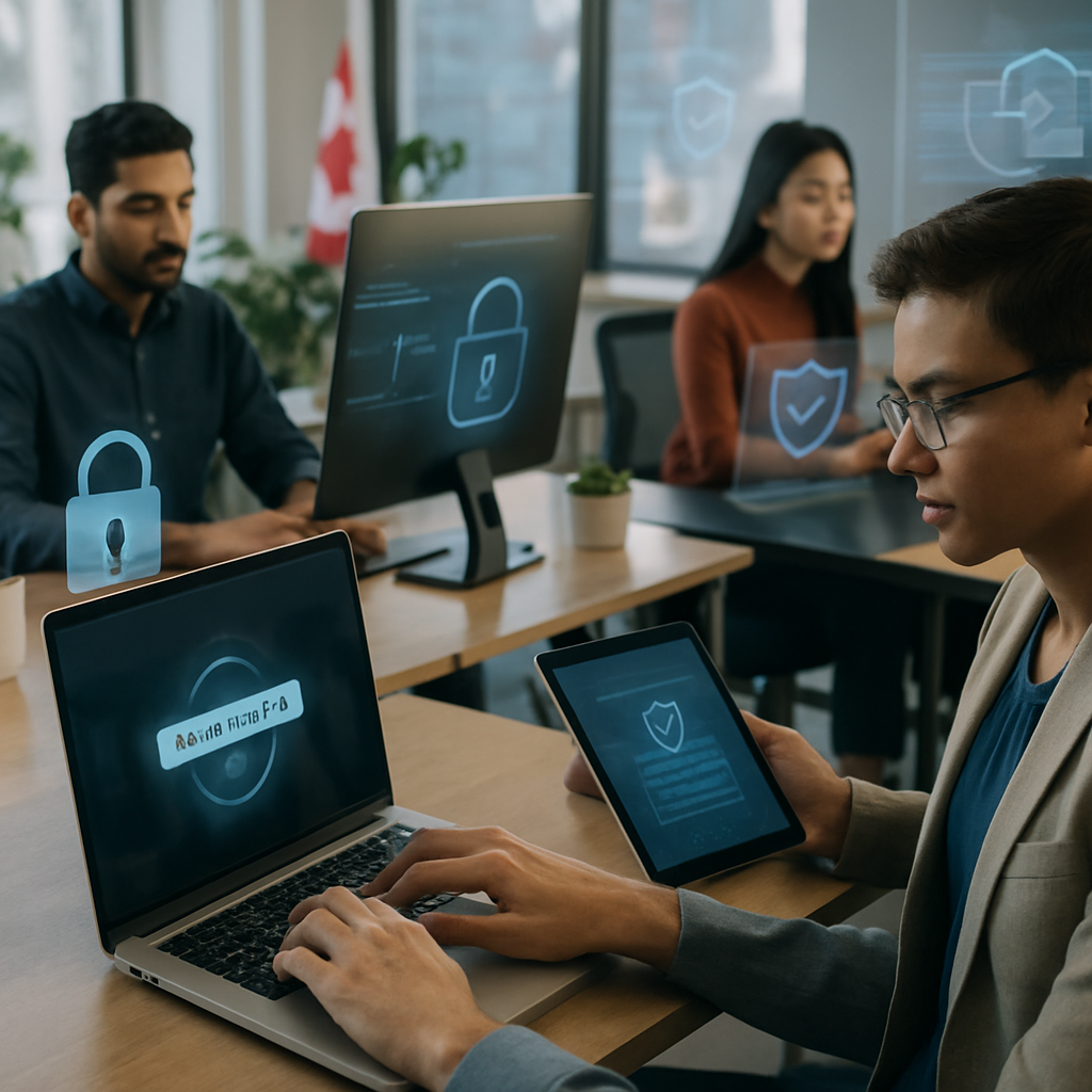 Small business owner securing passwords on digital device with Canadian flag accent