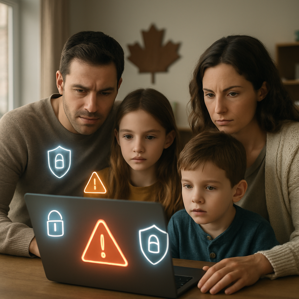 Family using digital devices with phishing alert icons, Canadian themed