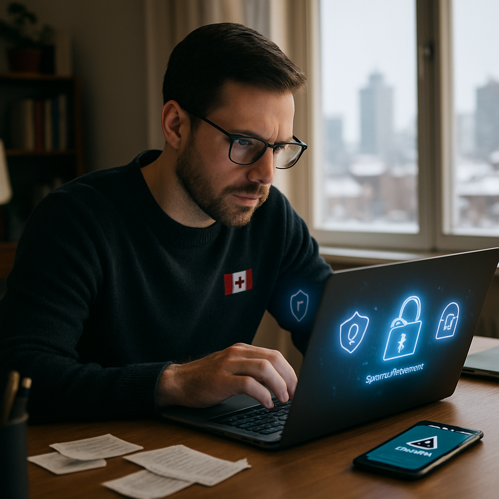 Illustration representing cybersecurity tips with Canadian flag and digital shield